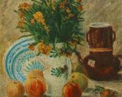 文森特威廉梵高 - 有花的花瓶、咖啡壶和水果